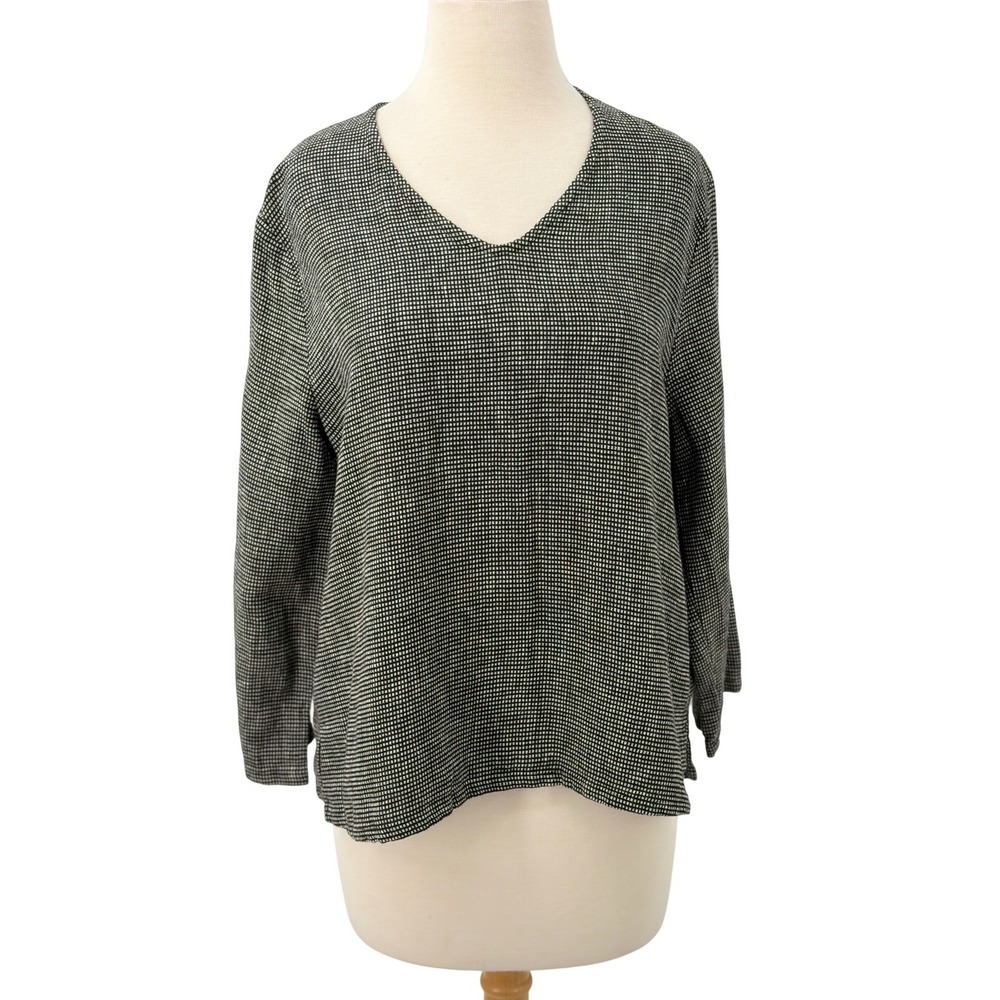 Hot Cotton by Marc Ware Linen Blend V-Neck Top Black White Micro Check Medium